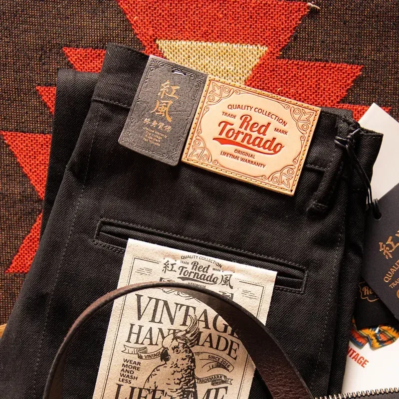 بنطلون جينز رجالي أحمر تورنادو أسود مريح مقاس 14.5 أونصة Selvedge Denim ضابط