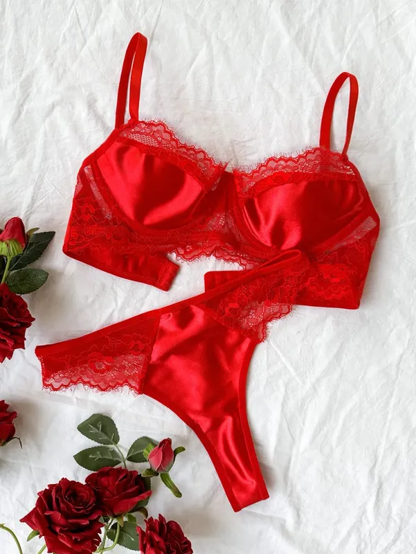 2025 Sxy Soutien-gorge non rembourré à armatures en dentelle et slip brésilien pour femme – Ensemble de lingerie fantaisie avec cils
