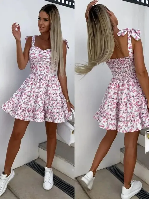 Summer Fashion Flower Print Waist Pleated Dress For Women Y2k Casual Vacation Beach Sundress Spaghetti Strap Mini Dress Female