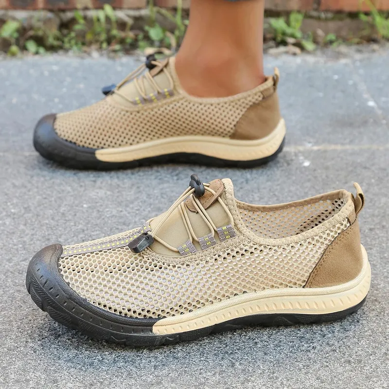 Men's Hollow Mesh Quick Toggle Lace Walking Trainers Striped Stitching Trim Wrapped Thick Rubber Toe Cap Outdoor Casual Shoes