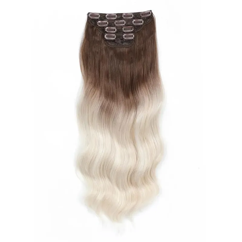 4Pcs/Set 11 Clips 22 Inches 220g Beach Waves Clip in Hair Extensions Sandy Blonde Champagne Heat Resistant Synthetic Hairpiece
