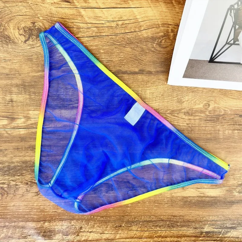 Cuecas masculinas coloridas de cintura baixa u convexa, cuecas de gaze sexy ultrafinas de malha pura transparente