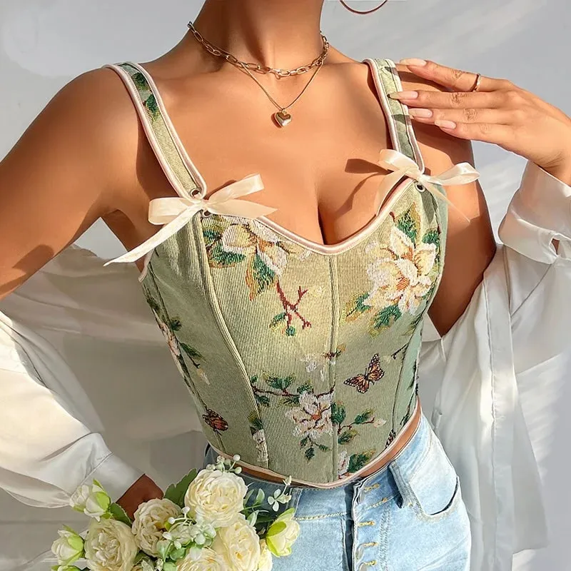 Sexy French Floral Print Bra Top Retro Double Strap Chest Support Body Shapewear Vintage Corset