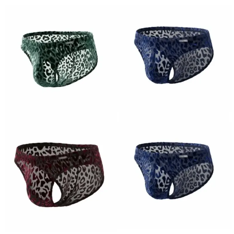 Quick Dry Ice Silk Men Briefs Lingerie Low Waist Sheer Underwear Convex Pouch Transparent Leopard Print Panties Male