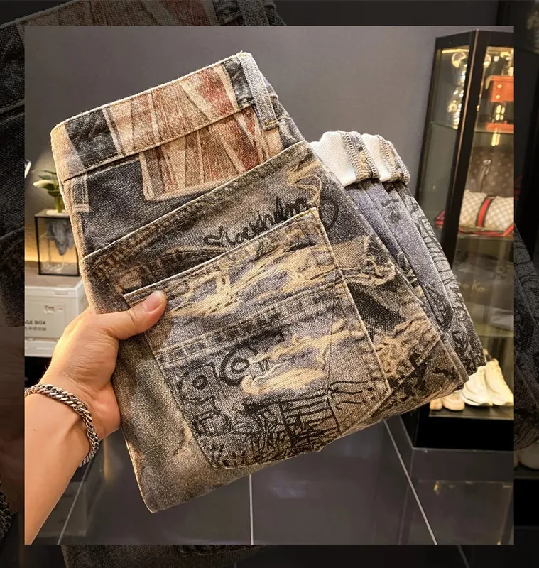 American high-end retro printed design jeans men's 2025 autumn new cool and loose straight leg long pants
