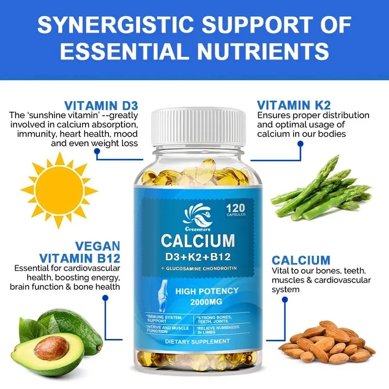 Calcium Vitamin D3 Plus with B12 K2 - High Potency Food Based Immune - Support Bone Health & Mood Balance Supplement