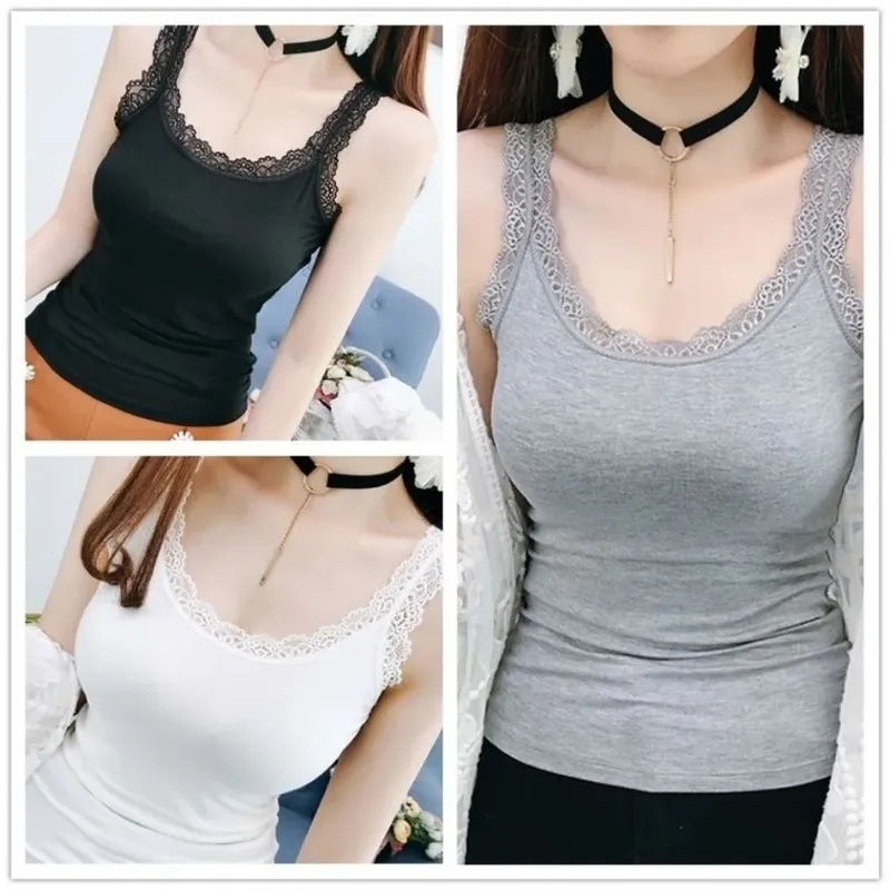 Casual U Neck Summer Tank Tops With Lace Slim Fitted Tops Loose Sleeveless Cami Top Shirt for Women