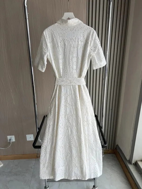 ETJ 2025 new women's elegant fashion hollow embroidery cotton shirt lapel short-sleeved dress temperament long skirt