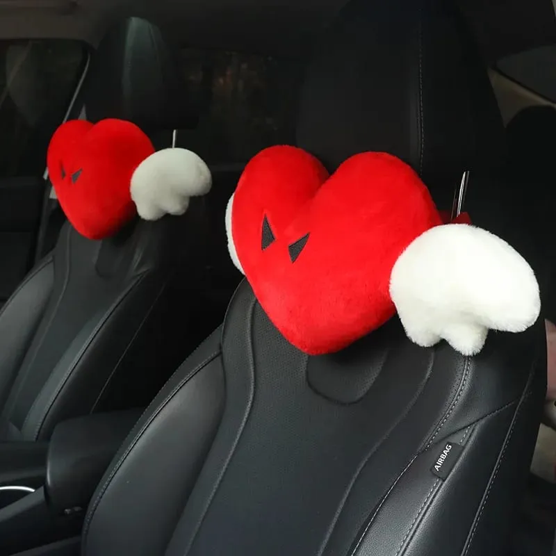 28x58cm 2Pcs Cute Heart‑Shaped Car Headrest Pillow With Angel Wings Soft Plush Auto Neck Support Cushion Car Seat Head Pillow