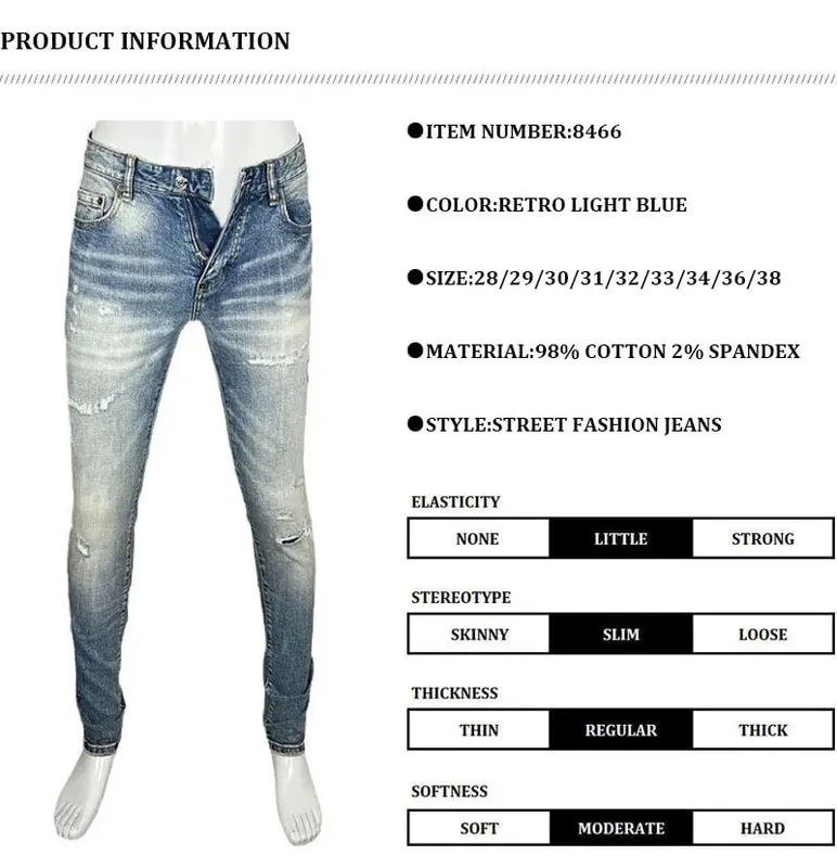 Light Blue Men's Slim Fit Jeans Elastic Waist Distressed Hip Hop Brand Fashionable Nostalgic Washed Color Patch Jeans