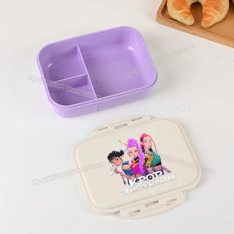 Demon Hunters Lunch Box para sa Boy Girl Cute Mira Zoey Jinu Portable Plastic Bento Box na may Dinnerware Food Fruit Container