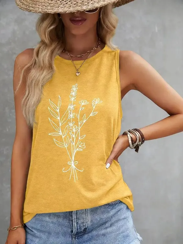Casual Yellow Floral Print Round Neck Tank Top Loose Fit Sleeveless Blouse For Daily Vacation Beach Summer Outfits