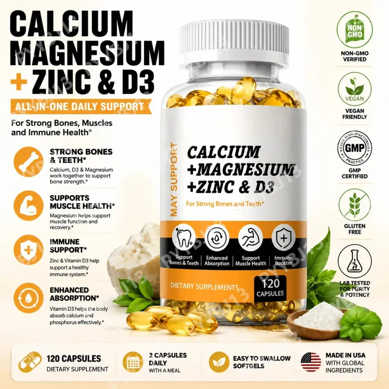 Calcium Magnesium Zinc with Vitamin D3 Softgels 120 Count Easy Swallow Daily Nutritional Support for Men Women For Adults