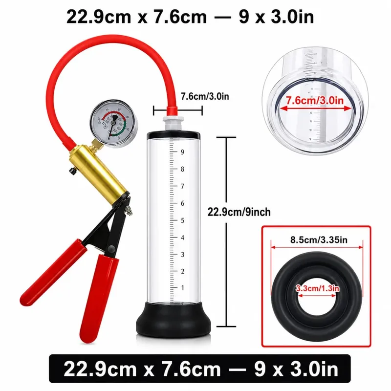 Manual Acrylic Penis Pump for Men with Pressure Gauge Clear Cylinders Vacuum Enlargement Masturbation Trainer Adult Sex Toy Set