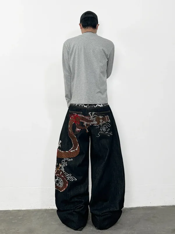 American Retro Dragon Embroidery Design Black Men's Loose Jeans Y2K Street Hip-Hop Trendy Versatile Wide-Leg Pants