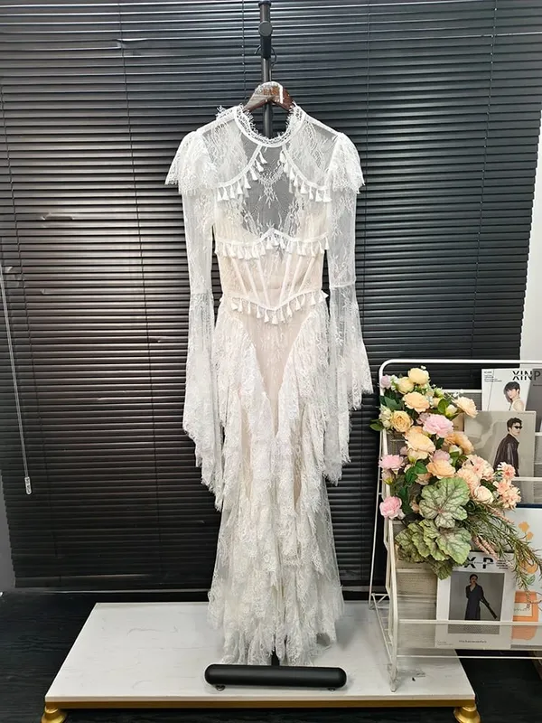 Summer Stand Collar Lace Tassel Hollow Out Flare Sleeve Dress Women Boned Waist Tiered Mermaid Dresses New 3A2709