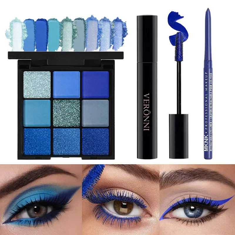 3Pcs Blue Eye Makeup Set 9 Color Matte Glitter Eyeshadow Palette+Blue Mascara+Eyeliner Pencil Waterproof Long Lasting for Party