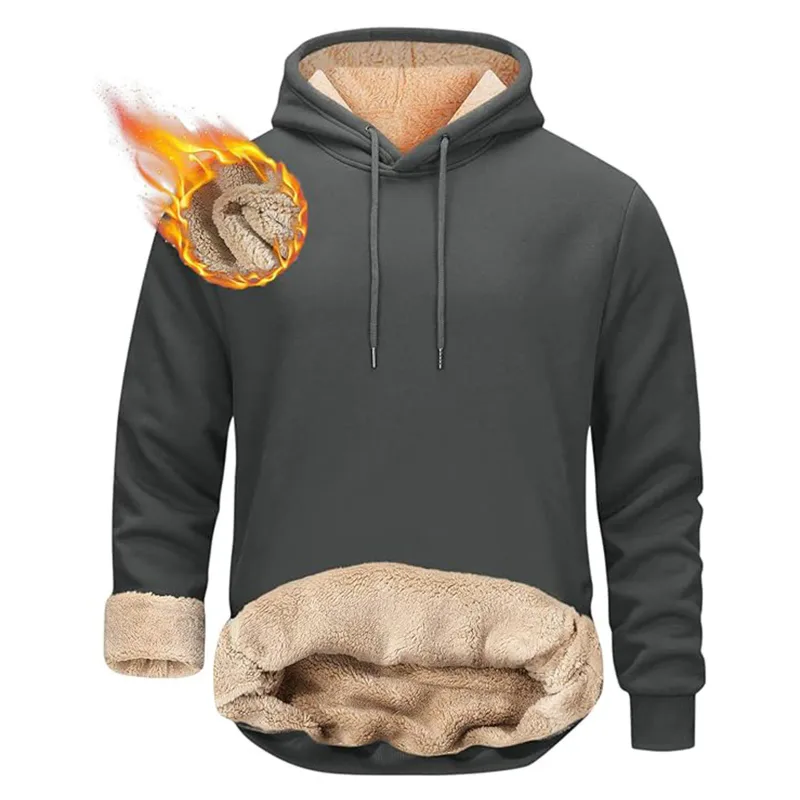 Winter Men's Warm Hoodies Sports Thick Sweatshirts Windproof Thermal Casual Solid Color Loose Long Sleeve Pullover Streetwear