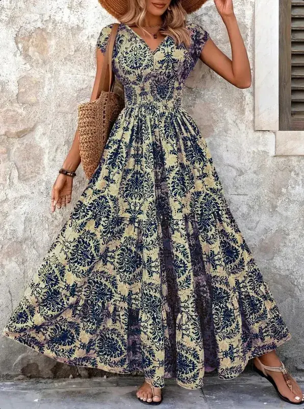 2026 Đầm In Hình Vintage Thời Trang Và Thanh Lịch Cổ Chữ V Tay Ngắn Jumpsuit Váy Dài Nữ