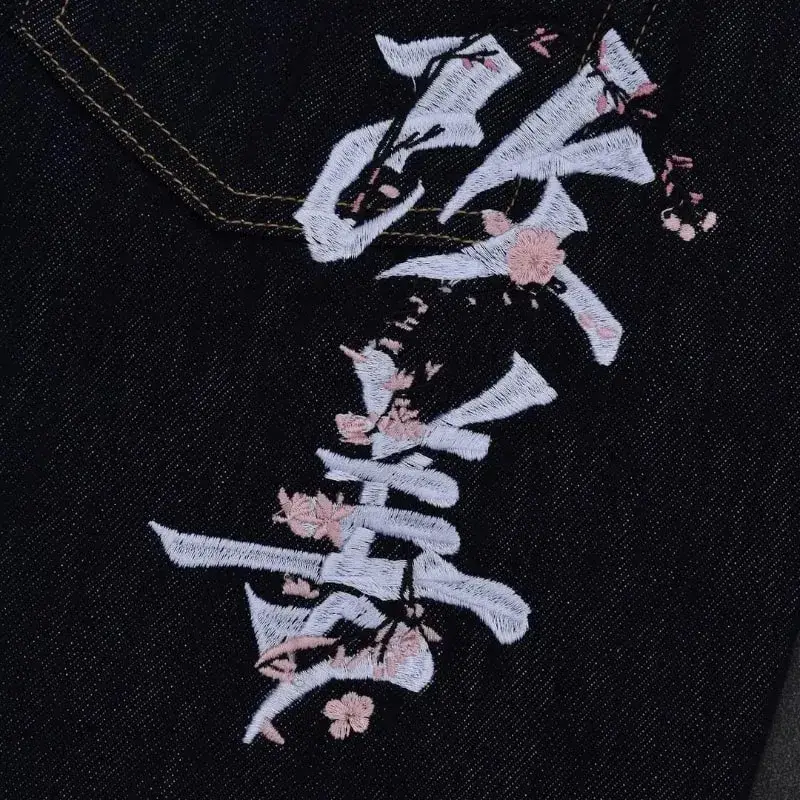 black jeans Harajuku hip hop Fromszn raw baggy jeans Y2K embroidery retro art font unisex woven washed patchwork wide leg pants