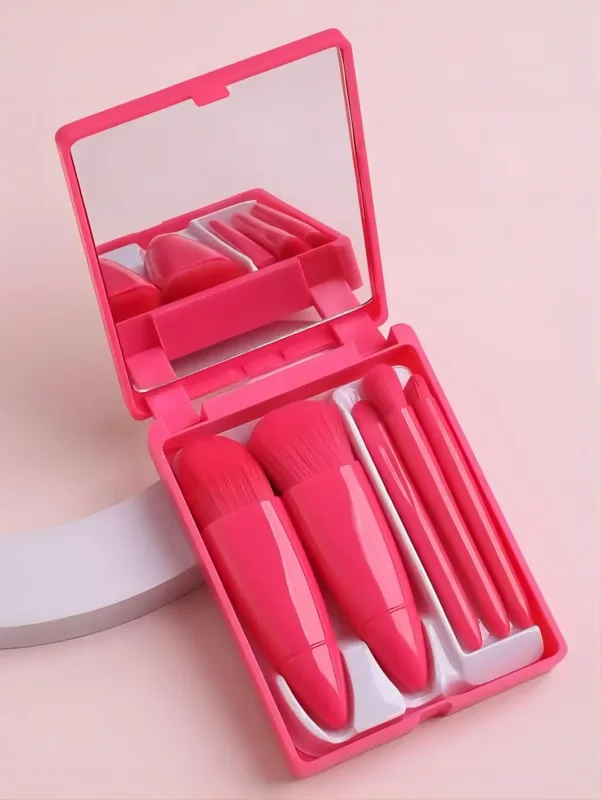 Kit di pennelli cosmetici completi per piccole funzioni, 5 pezzi, con custodia e specchio, set di pennelli per trucco da viaggio, mini pennelli per trucco