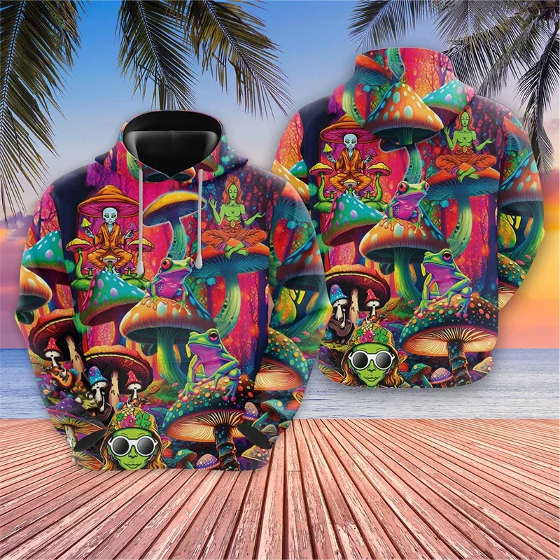 Harajuku Fashion Alien Graphic Sweatshirts Trippy Mushroom Y2k Hoodies For Men Clothes Cartoon Boy Pullovers Hip Hop UFO Hoody