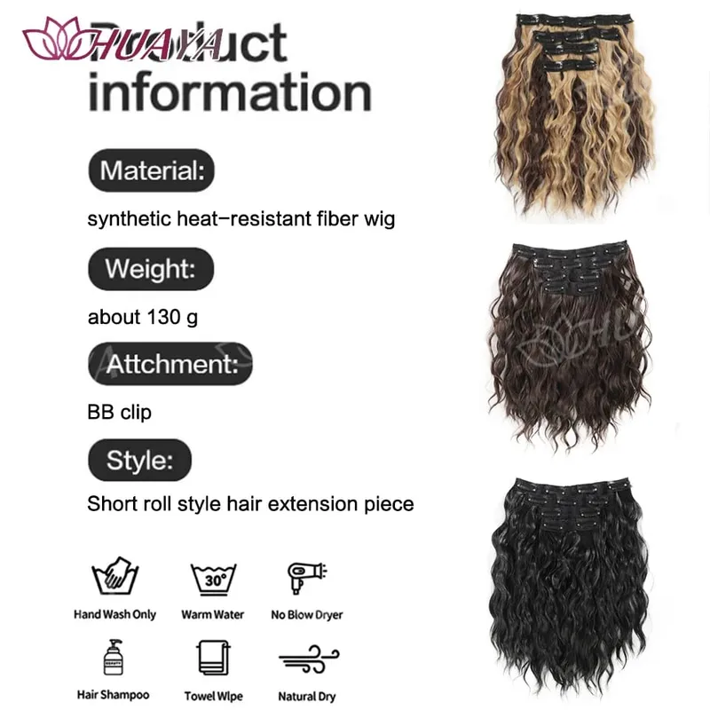 Synthetic Extension Wigs for Women BB Clip Style Four-Piece Set Water Wave Short Hair Extension Wigs Suitable for Everyday Wear