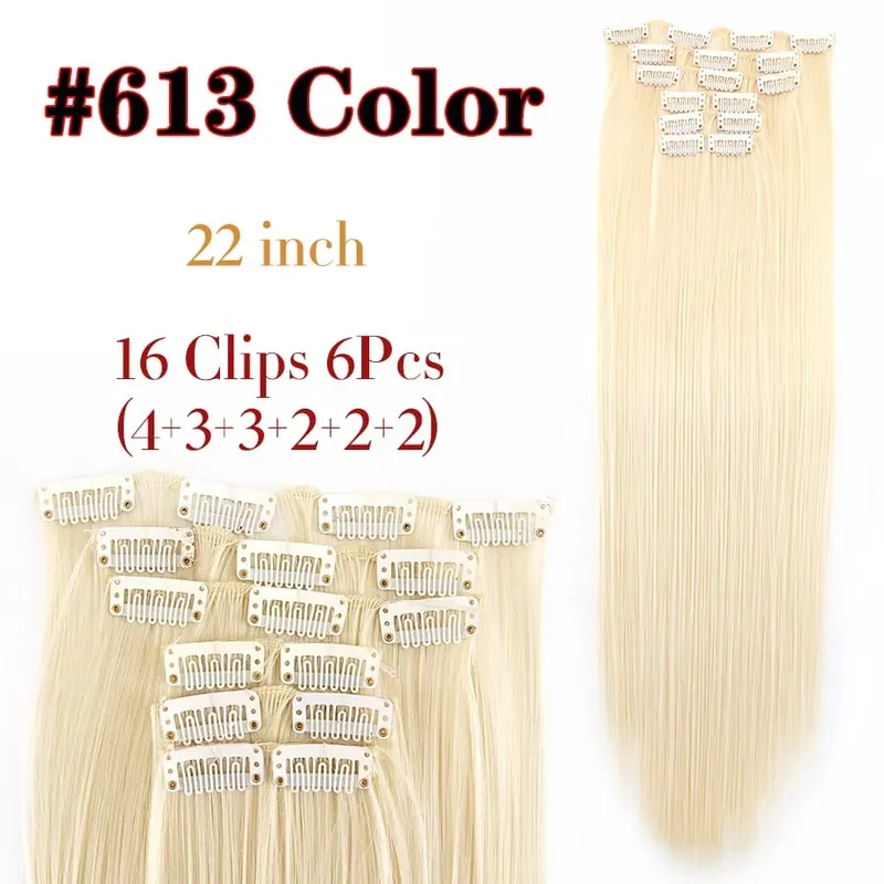 Black Clip In Extensions Straight 22" Long Synthetic Thick Clips On Hair Piece For Women 6Pcs/Set Curly Full Head Weddings Daily