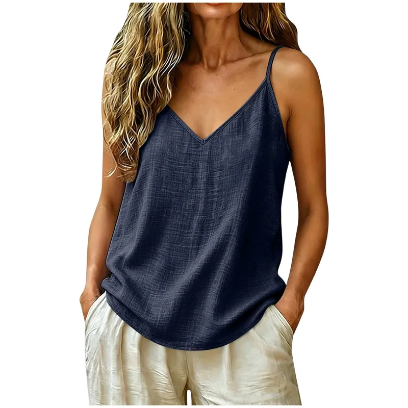 Women Cotton Linen Spaghetti Strap Tank Top V Neck Solid Color Loose Fit Lightweight Casual Sleeveless Camisole Summer Beach Top