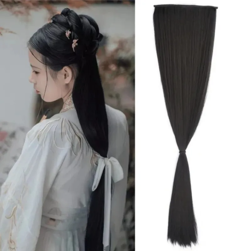 5-Clips Synthetic Heat-Resistant Long Straight Hair Extensions Natural Black Invisible Seamless One-piece Hair Extension Women