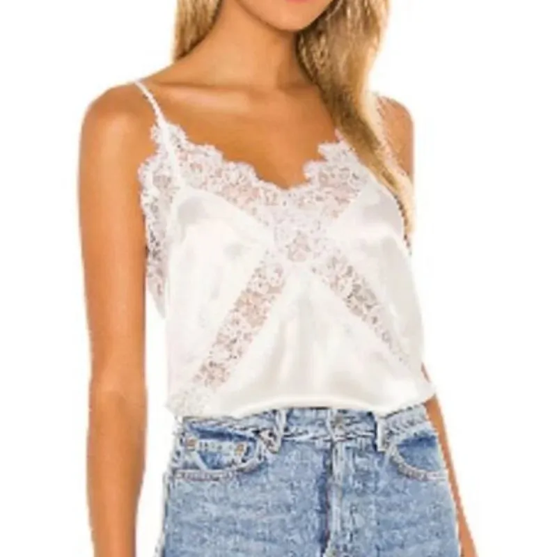Womens Satin Lace Floral Cami V Neck Silk Camisole Tops Spaghetti Strap Lace Trim Silky Tank Tops Layering Camisoles