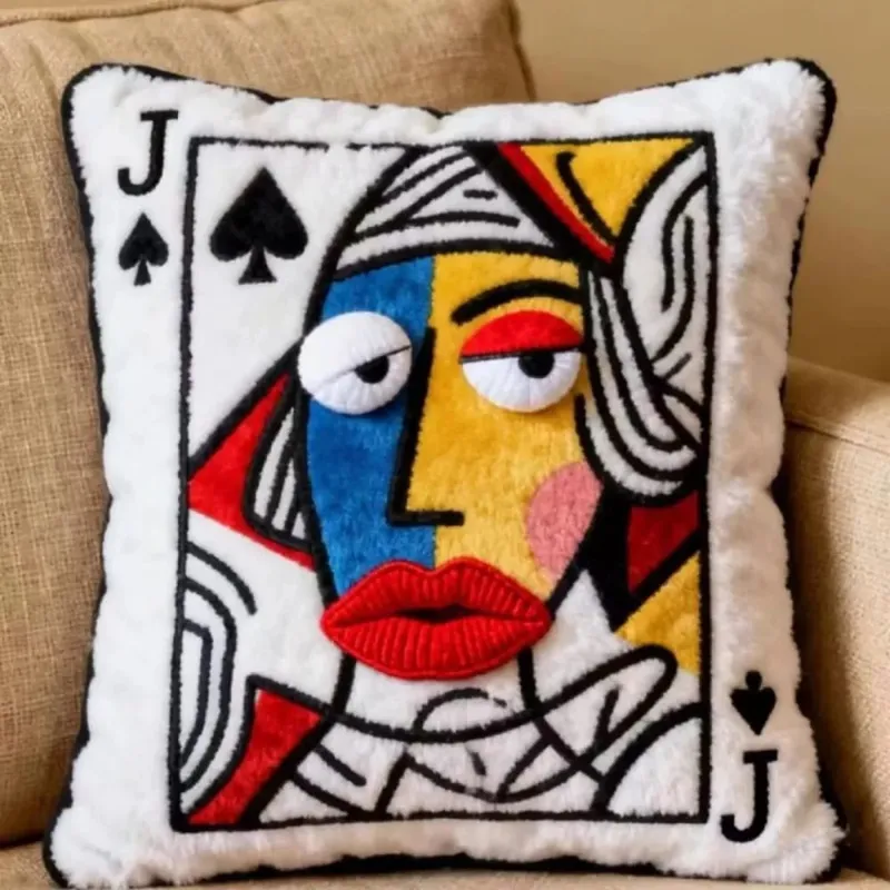 Patchwork Style Poker Card Cushion High-Value Design Card Game Theme Embroidered Pillow 3D Big Eyes Plush Cushion Gift Giving