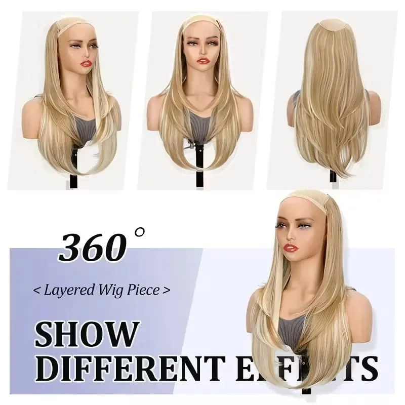 22Inch Synthetic Long Straight V-Shaped Layered Clip-In Hair Extensions for Women Invisible Seamless Hairpiece for Women