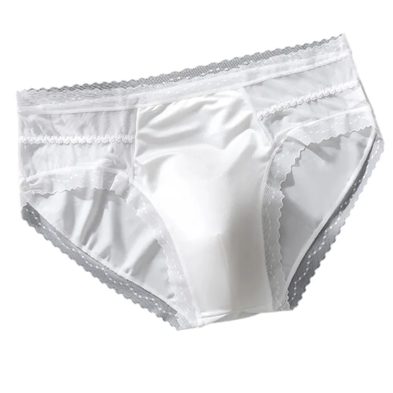 Men's Sexy Lace Thin Seamless Ice Silk Briefs Underwear 3D Bulge Pouch Panties U Convex Sexy Underwear Ice Silk Lace Thin