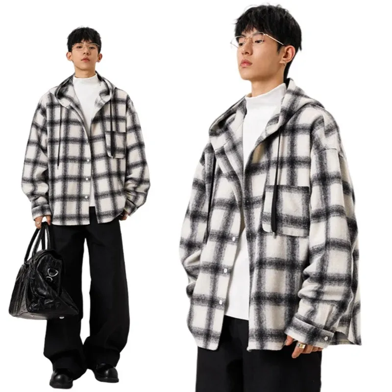 Y2K-Chaqueta holgadas de cuadros con capucha para hombre, cárdigan de talla grande a la moda, ropa de abrigo Vintage coreana, sudaderas con capucha de una botonadura