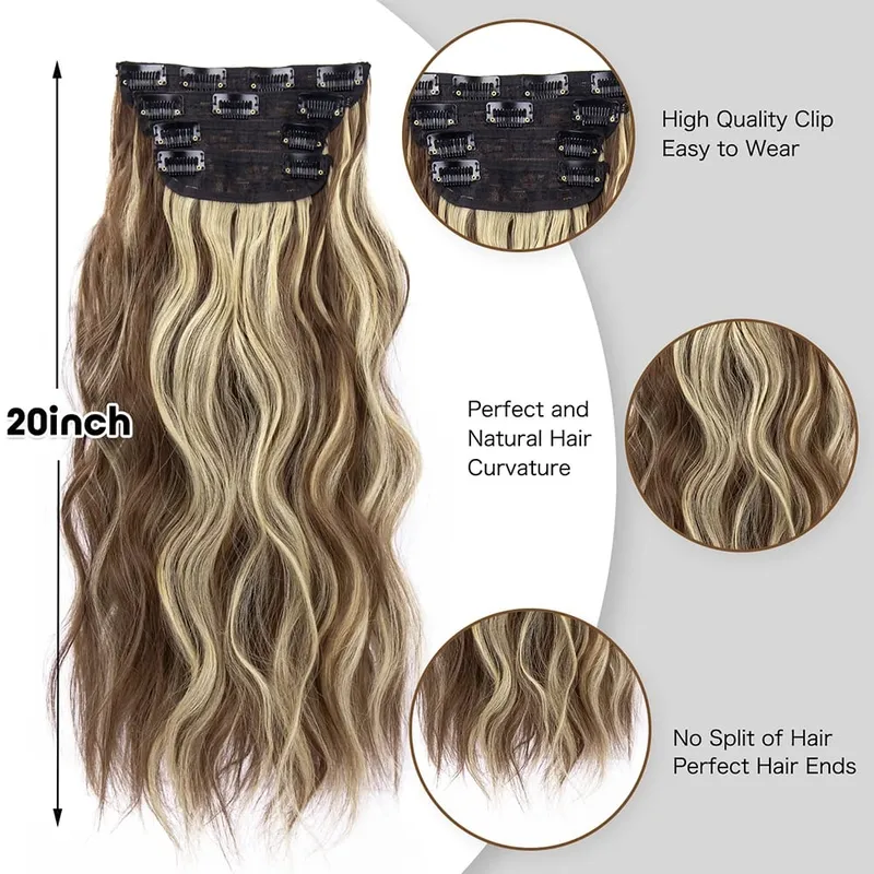 Clipe sintético longo ondulado feminino de alta temperatura, extensão de cabelo sintético, 4 peças, clipe longo, macio, ondas glam, grosso