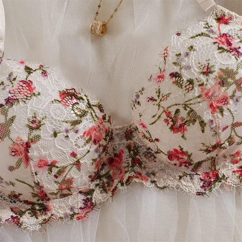 Krasapt francês flor bordado lingerie 2 peças conjuntos de renda extravagante retalhos ver através de sutiãs e calcinhas ternos sexy roupas eróticas