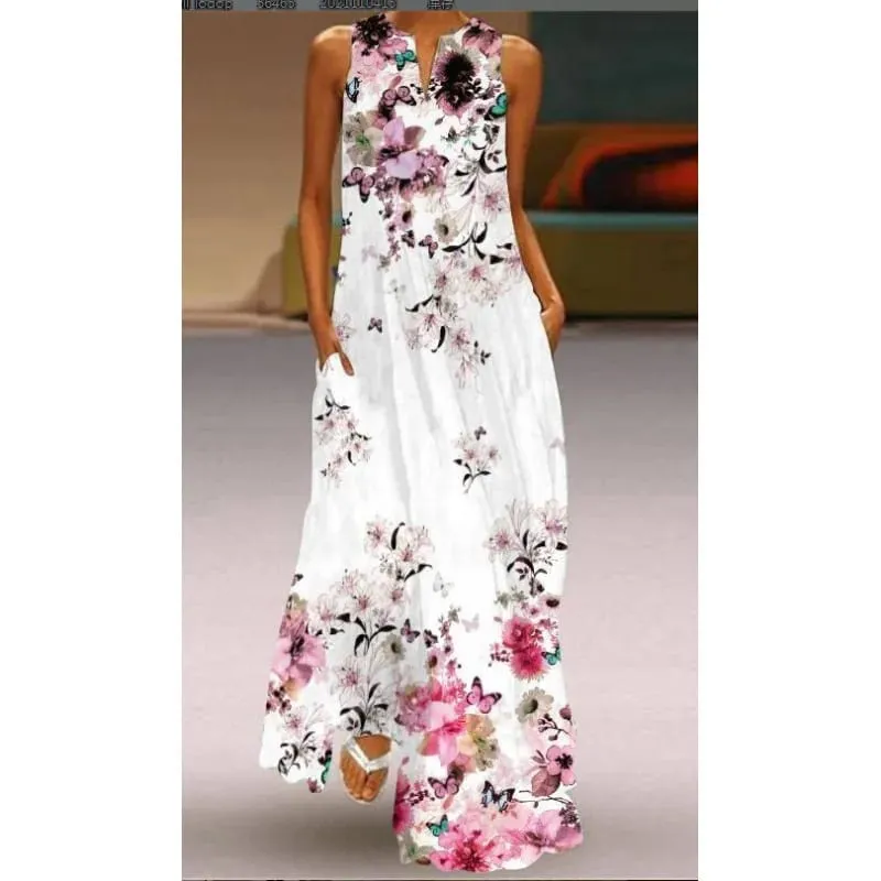 Women Dresses 2026 New summer wear sleeveless long dress V-neck printed emerald flower dress women's clothing vestidoes