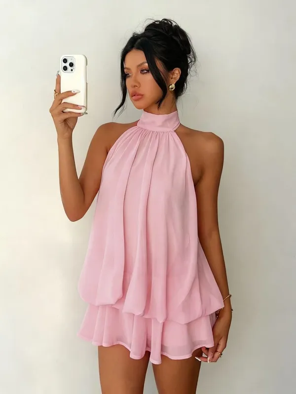 Sexy Women Chiffon Sleeveless Halter Backless Dress Lady Solid Color Tie Waist Slim Flared Dress Summer Beach Vacation Outfit