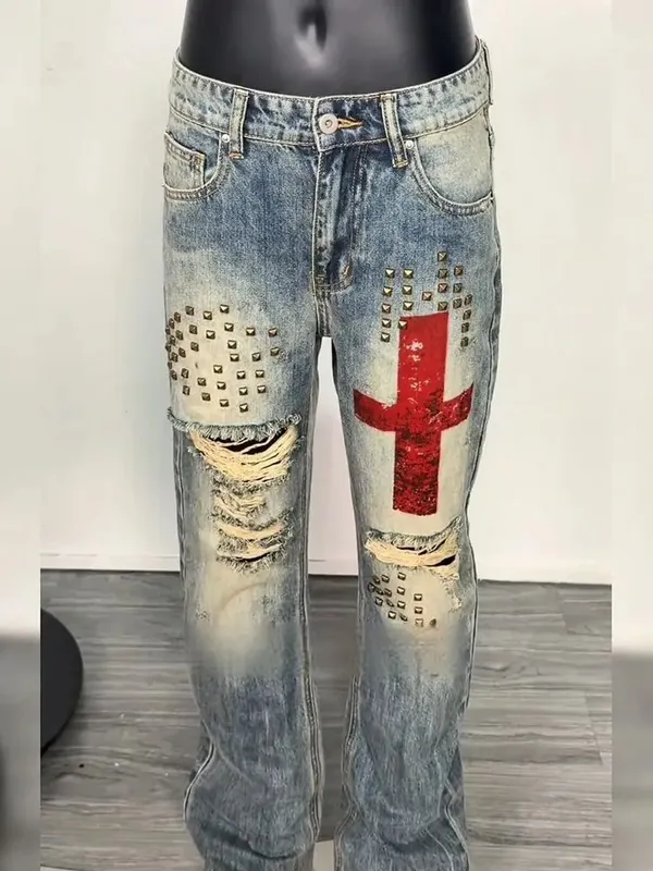 Men's Rivet Hole Design Street Retro Jeans Casual Pant Vintage Boys Straight Unisex Sweatpants Male High Waist Wide Leg Trousers