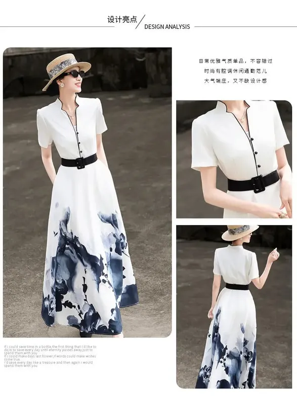 2026 Summer New Chinese Style Ink Painting Print Waist Cinched Swing Dress