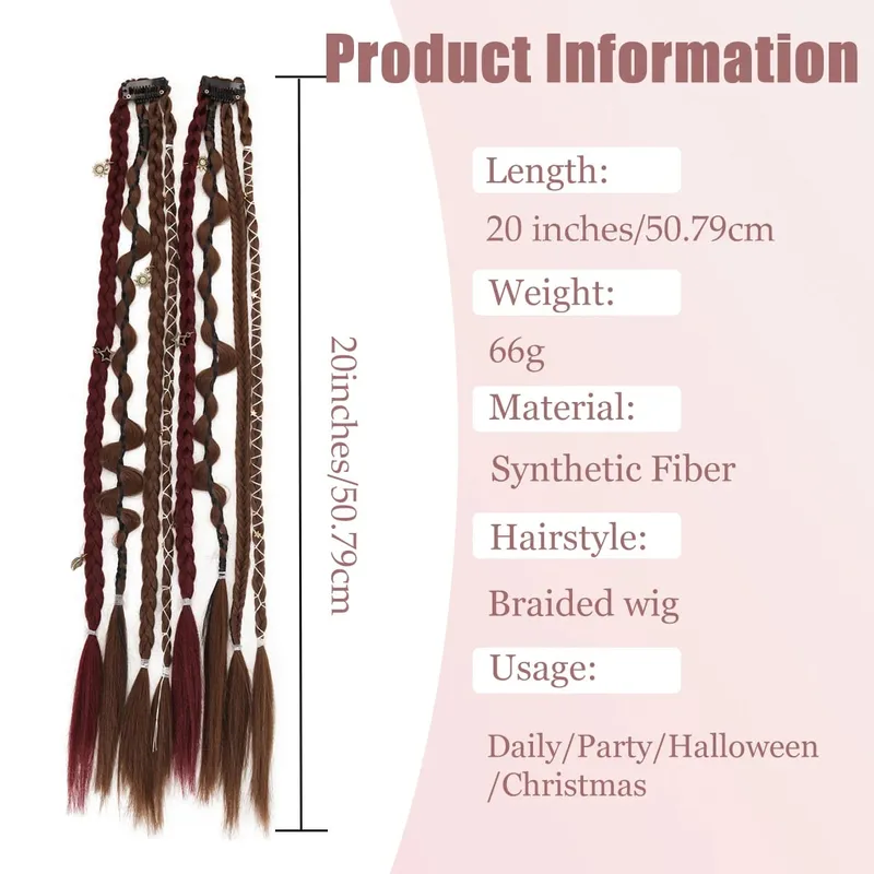 20 Inches Bohemia Clip in Hair Extensions Handmade Synthetic Weaving Clip-on Long Braid Fairy Hair Extensions for Women