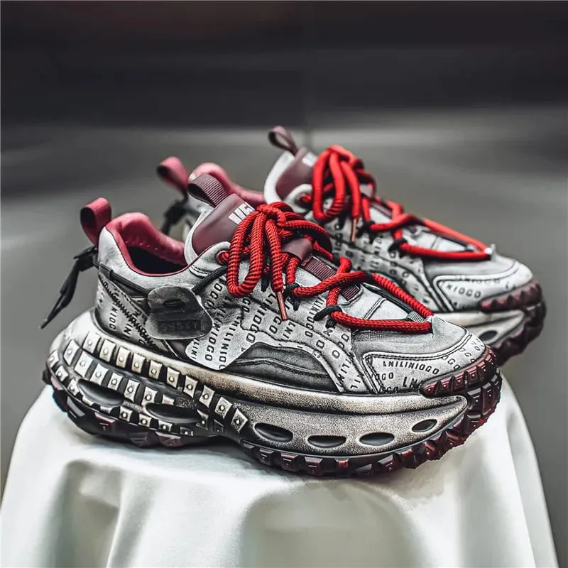 Men's Casual Sneakers with a Patchwork Upper Thick Jute Laces and a Tire-Like Serrated Sole for Added Height and Anti-Slip Grip Making Them Eye-Catching and Suitable for Various Outfits Including Street Wear and Everyday Casual Wear.