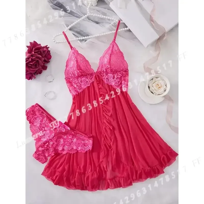 Women Sexy Lingerie Set Lace Bra Nightdress Solid Color Slim Fit Soft Sleepwear Erotic Underwear Dress