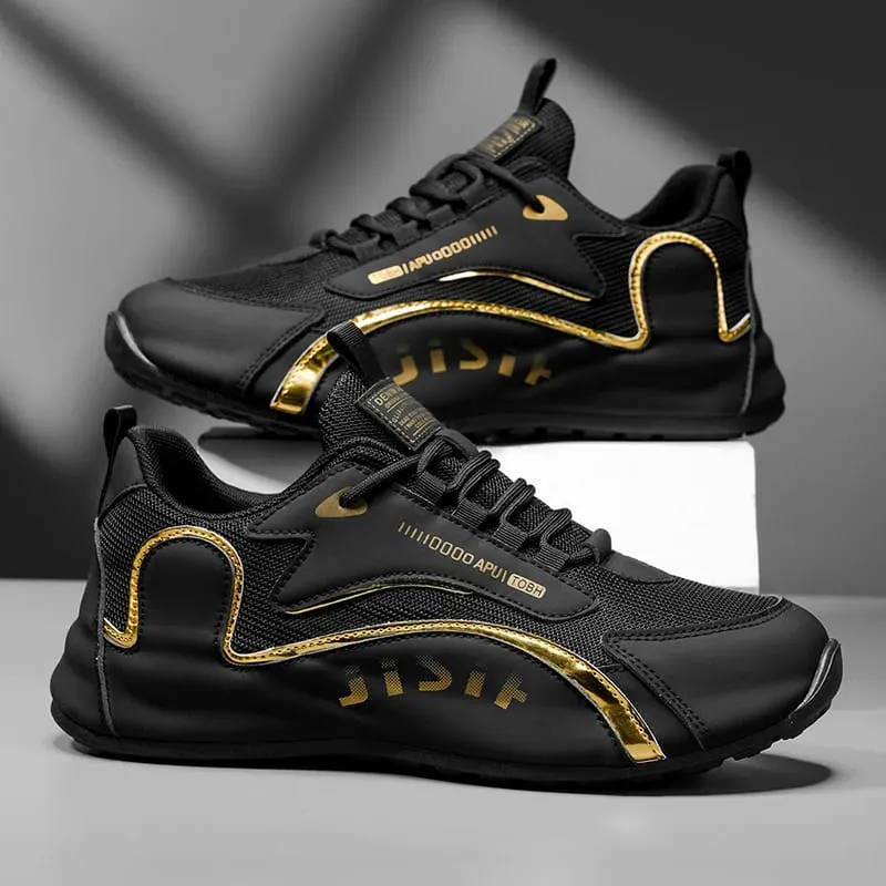 Trendy Black and Gold Color-Blocking Mesh Casual Shoes Men's Breathable Shock-Absorbing Thick-Soled Sneakers Versatile Soft-Soled Non-Slip Men's Shoes for Daily Commuting