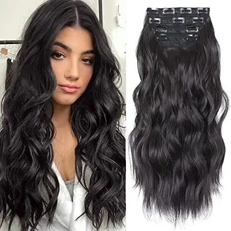 Clipe sintético longo ondulado feminino de alta temperatura, extensão de cabelo sintético, 4 peças, clipe longo, macio, ondas glam, grosso