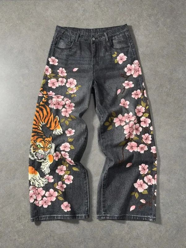 Y2K retro casual fashion high street pattern men's jeans floral tiger pattern loose high waist wide leg casual women's jeans