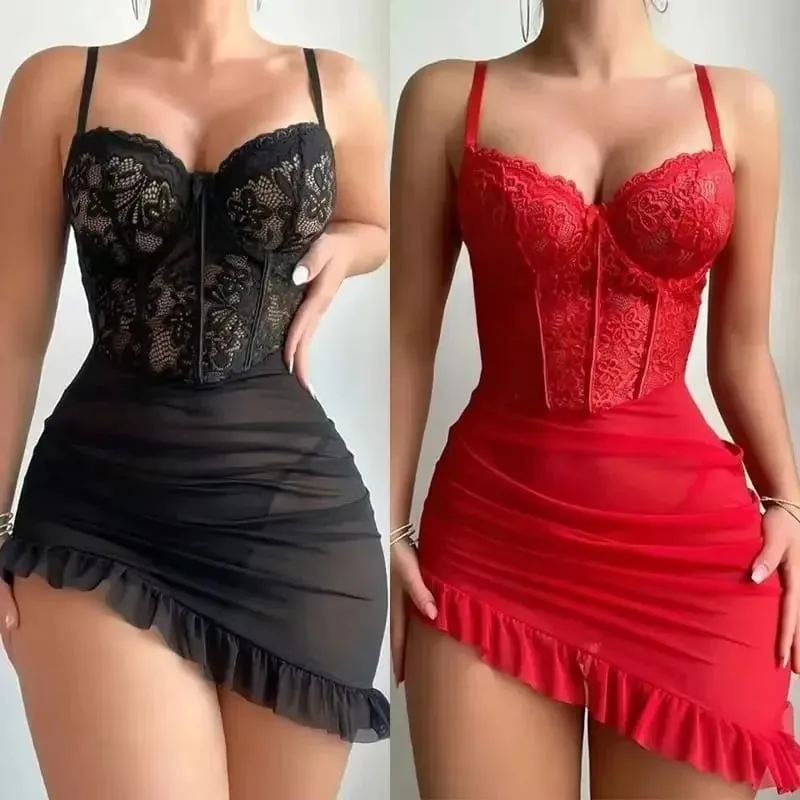 Transparent Underwire Bra Erotic Set Sexy Fairy Lingerie Women's See Through Lace Nightdress Pajamas Sets Sexy Delicate Nighty