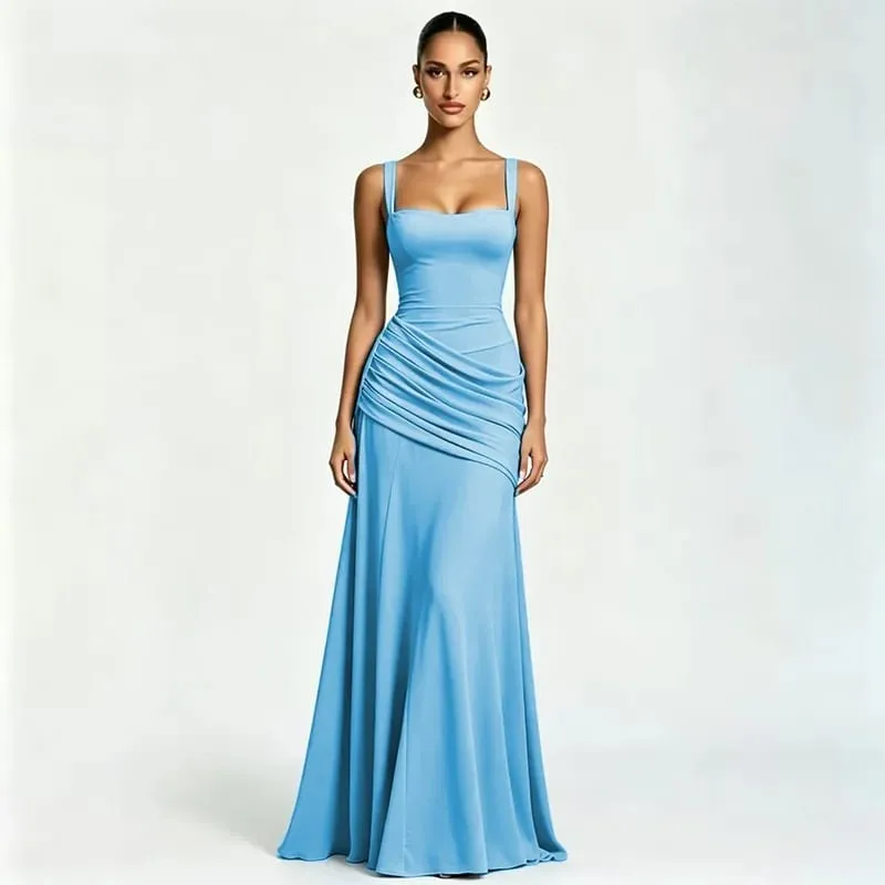 Sexy Solid Pleated Sling Dress Women Elegant Square Neck Sleeveless Waist-cinching Maxi Dresses 2026 New Summer Lady Party Robe