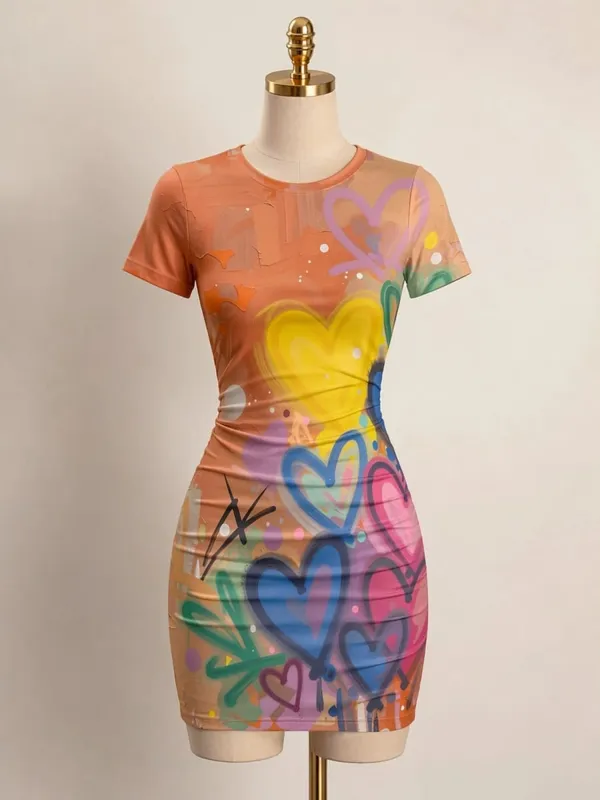 Pakaian Mini Bodycon Lengan Pendek Wanita Slim Fit Leher Krew Cetak Bunga Kasual Pesta Musim Panas Comel Regangan Bergaya Sundress